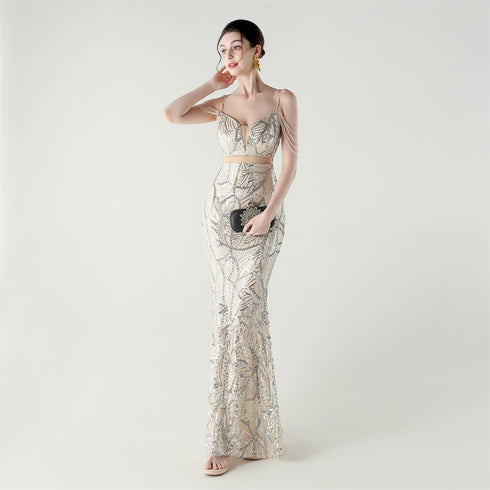 Graceful Sequin Embellished Mesh Mermaid Maxi Dress